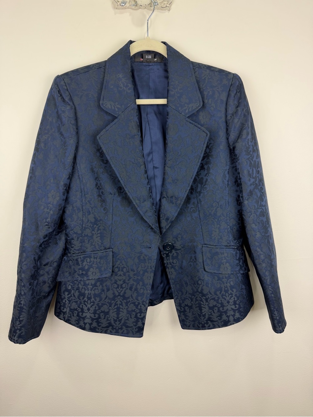 Ellen Tracy Navy Blue Jacquard Brocade Blazer Jacket Size 10